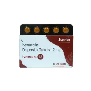 Iversun 12mg tablet packaging containing Ivermectin, used for treating parasitic infections like scabies and intestinal worms.